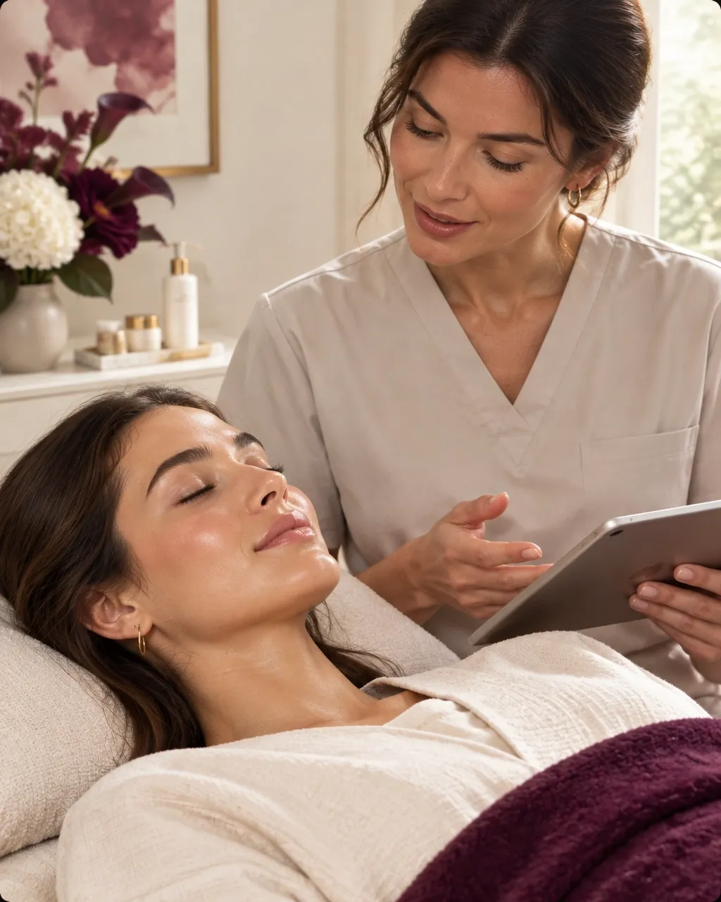 A practitioner discussing care with a client in a welcoming clinic